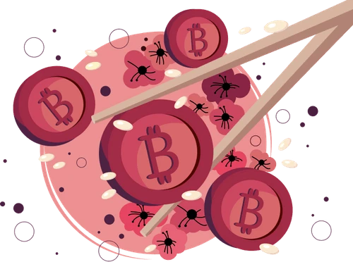 Bitcoin tokens served in a WagyuSwap ramen bowl illustration