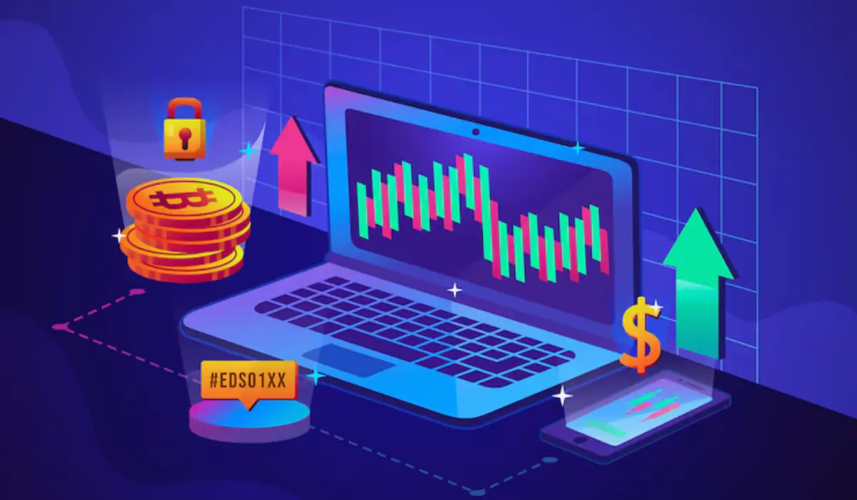 DeFi trading strategies illustration showing decentralized finance platforms, crypto assets, and blockchain-based trading